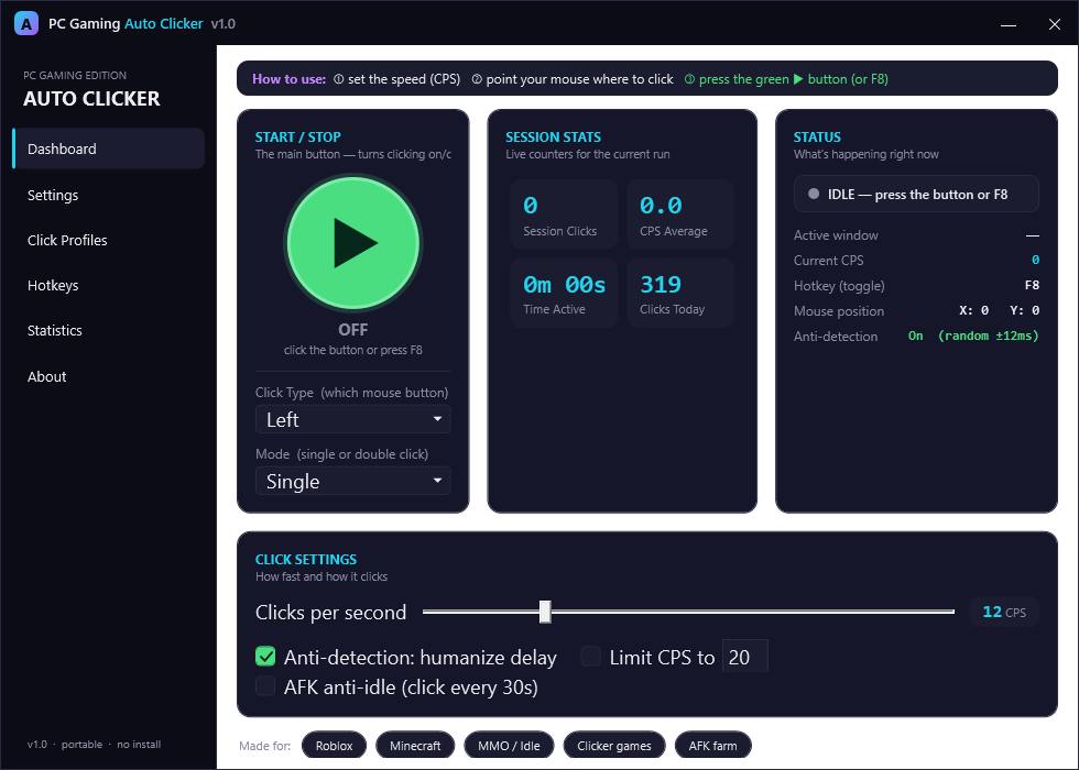 PC Gaming Auto Clicker dashboard